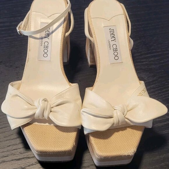 Jimmy Choo Ricia Leather & Raffia Platform Sandals - Picture 3 of 4